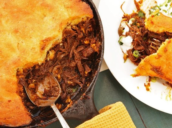 The best tamale pie with braised skirt steak, charred corn, and brown butter cornbread crust