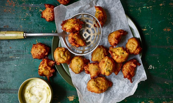 The big dipper: Spiced swede and onion beignets with lime pickle yoghurt