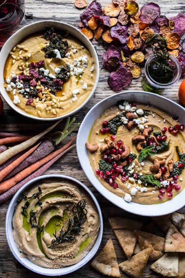 The big holiday hummus board with roasted root veggie chips
