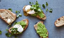 The bright brunch: smashed peas and parmesan on toast with poached egg and pea shoots