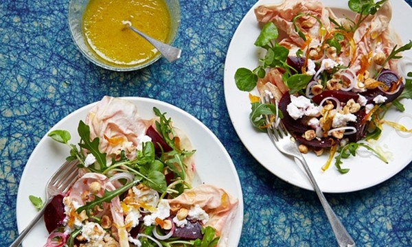 The citrussy salad: Salad of winter leaf, beetroot, ricotta and hazelnuts with a marmalade dressing