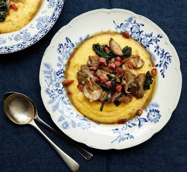 The comfort bowl: Polenta with shallots, mushrooms, kale and pancetta
