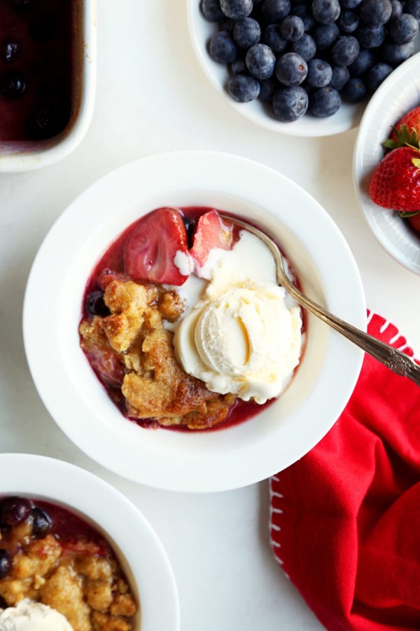 The easiest strawberry blueberry browned butter cobbler