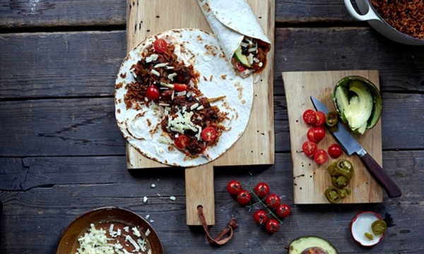 The easy midweek lunch: Chipotle pork burrito with avocado and spicy rice