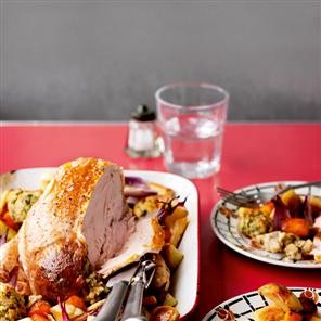 The easy roast: legless chicken with posh stuffing and veg