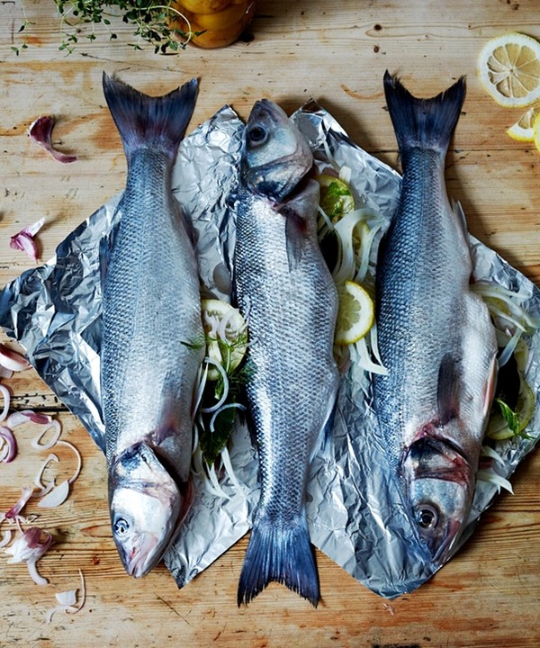 The fish option: Whole baked sea bass with fennel and preserved lemon