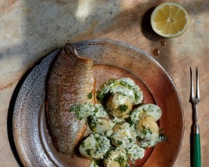 The fish supper: green goddess with trout and new potatoes