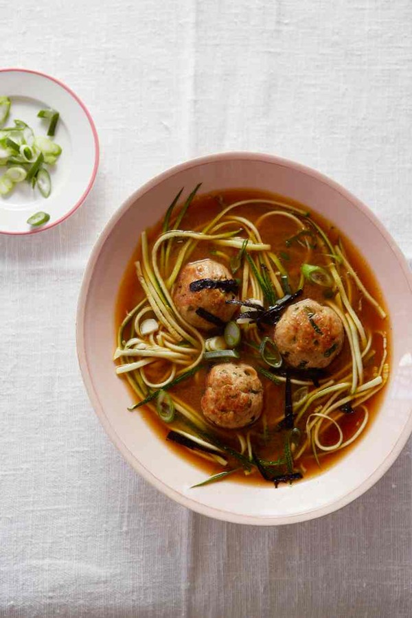 The fragrant broth: Pork and ginger meatballs with courgette noodle and miso broth