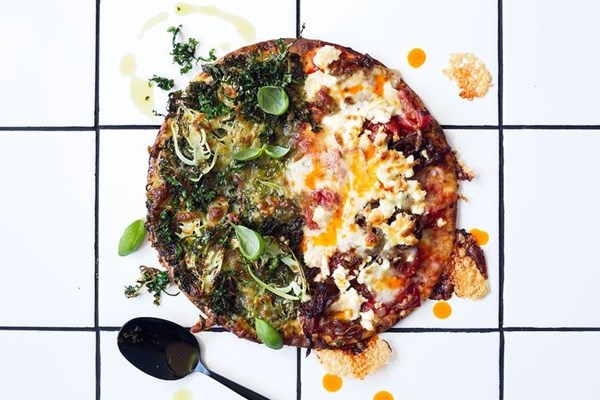 The half and half: eat your greens vs three-cheese-and-onion pizzas