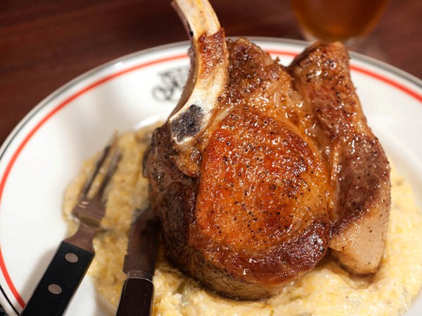 The inevitable pork chop with cheddar grits from 'The Meat Hook Meat Book' (Cook the Book)