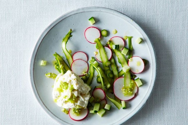 The jewels of spring salad: shaved asparagus with burrata, radish & cucumber