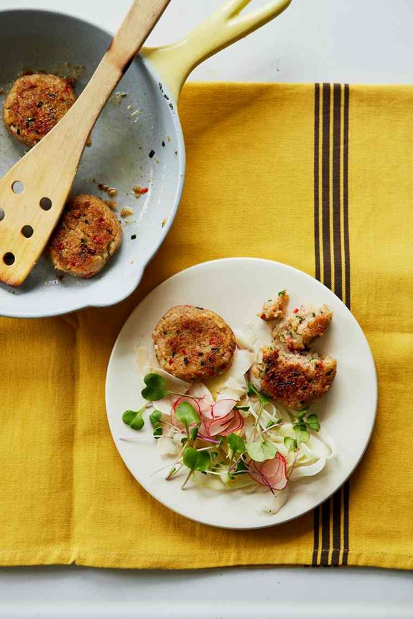The lighter option: Buckwheat and shrimp cakes with a simple salad
