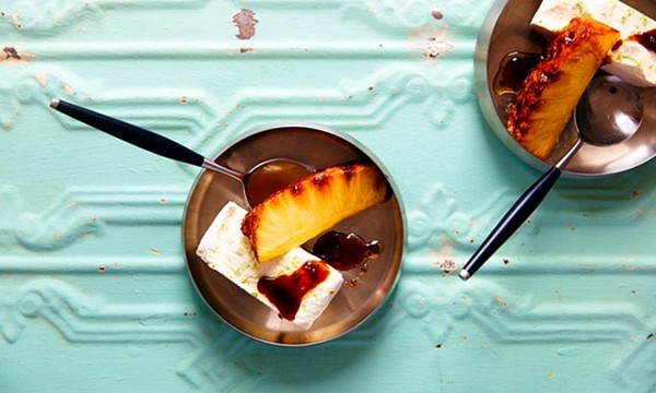 The luxurious ice-cream: roasted pineapple with ricotta and honey ice-cream and chilli lime syrup