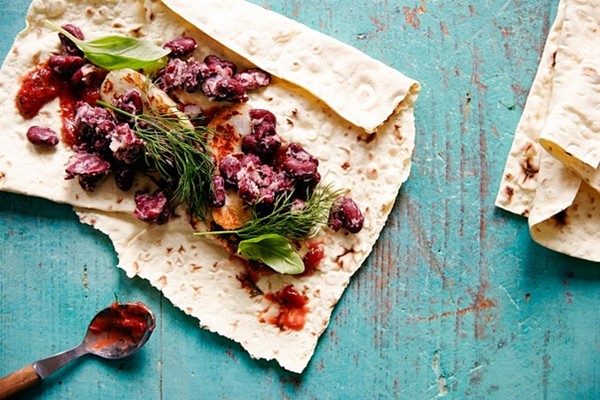 The packed lunch: refried kidney bean wraps with halloumi and plum chutney