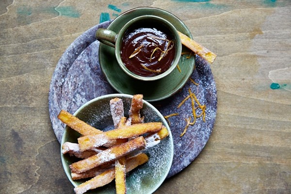 The polenta pud: Cinnamon churros with warm chocolate and orange sauce