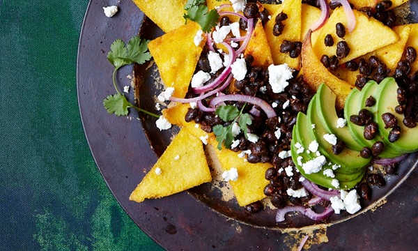The punchy snack: Fried polenta nachos with black beans, pickled red onions, avocado and feta
