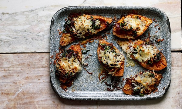 The quick supper: Sweet potatoes stuffed with spinach, red onion and halloumi