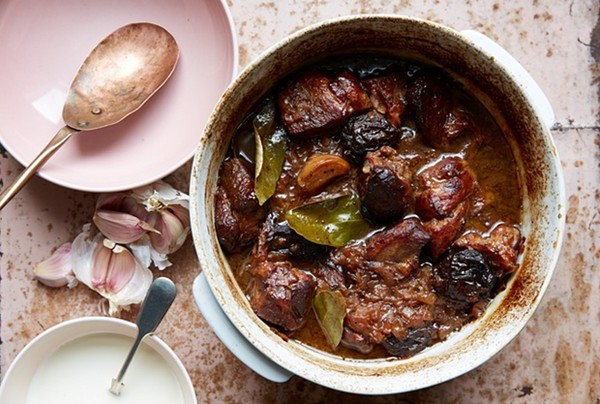The showstopping supper: Pork cooked with prunes, quatre épices and bay leaves 