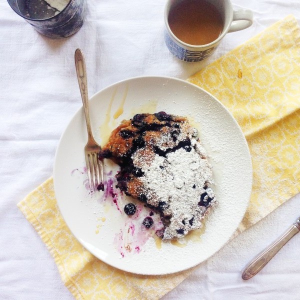 The single pancake with too many blueberries and lots of chocolate
