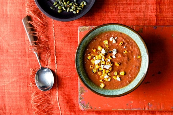 The soothing soup: red bean soup with charred corn, feta and pumpkin seeds