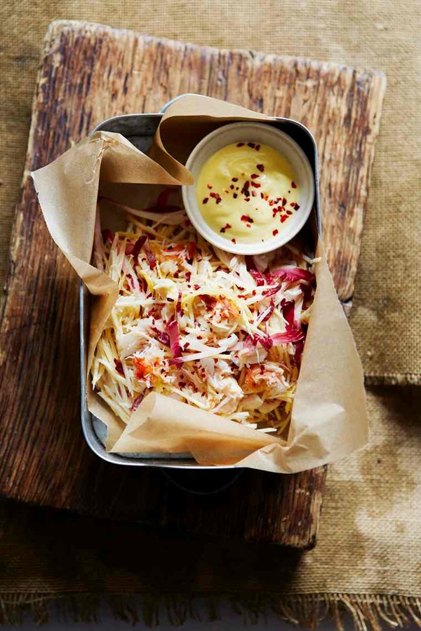 The spring salad: Crab, celeriac, chicory, red shallot, swede, aioli slaw