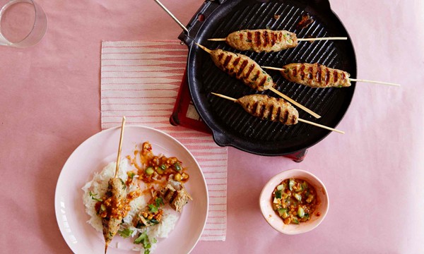 The succulent skewers: Pork skewers with peanut and coriander dressing 