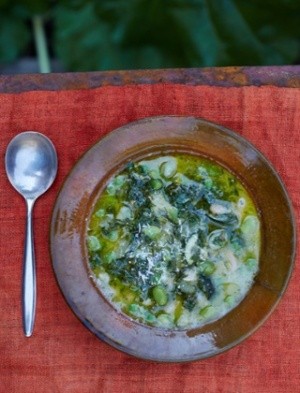 The summery soup: minestrone with salsa verde and Parmesan 