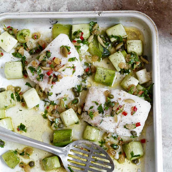 The sweet and sour supper: Roast hake with leek agrodolce