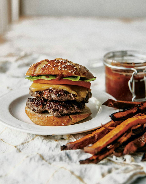 The ultimate Sweet Laurel burger with sweet potato fries