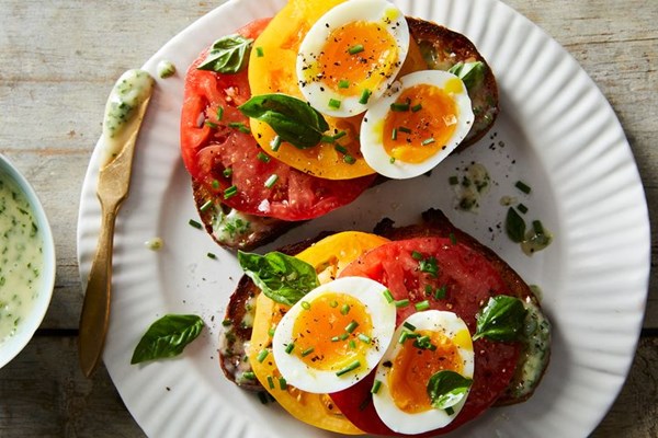 The ultimate tomato sandwich, with jammy eggs & herby mayo