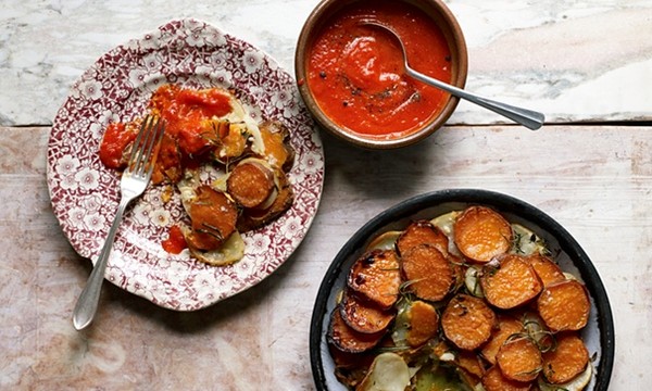 The versatile bake: Two-potato bake with red pepper sauce