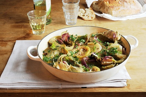 The winning recipe: Artichokes, fennel, and sweet onions braised in wine