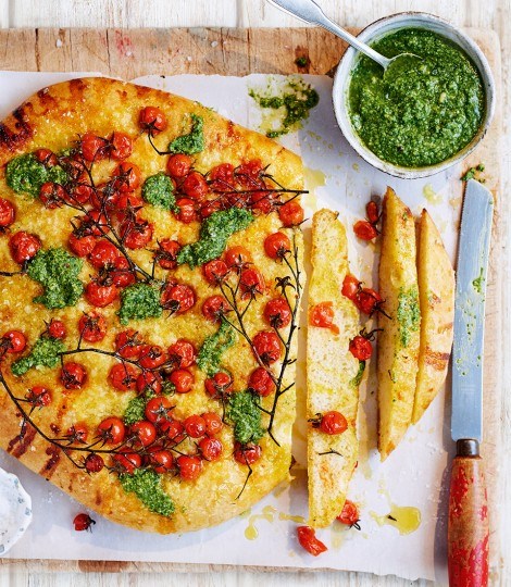 Theo Randall's focaccia with pesto and vine tomatoes