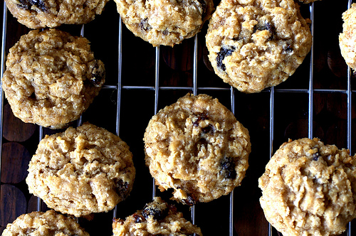 Thick, chewy oatmeal raisin cookies