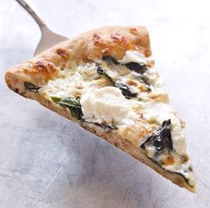 Thin-crust whole-wheat pizza with garlic oil, three cheeses, and basil