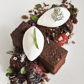 Things we lost in the fire: chocolate brioche perdue with mesquite-roasted strawberries, chartreuse & garden herbs