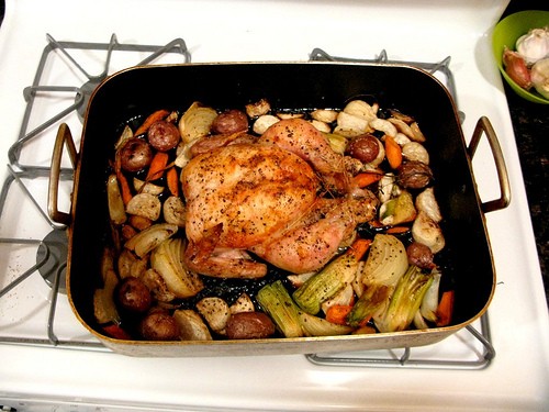 Thomas Keller’s roast chicken with root vegetables