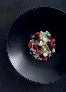 Thornless blackberries with dai dai curd, white chocolate, sugared almonds, lemon balm and elderflower