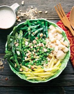 Three-bean garden salad with asparagus and coconut dressing
