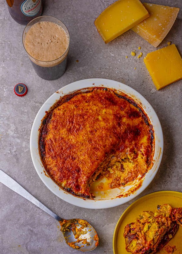 Three cheese and caramelised leek bread and butter pudding