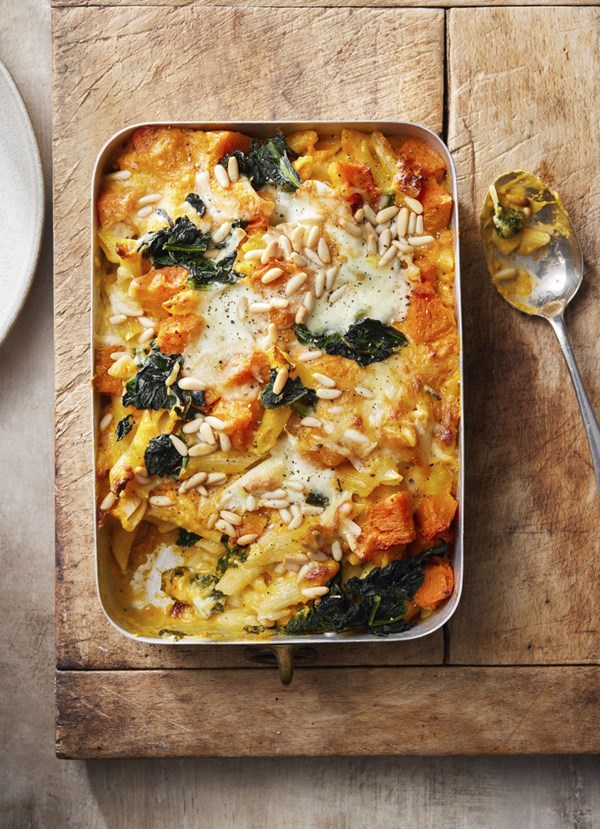 Three-cheese and pumpkin baked pasta