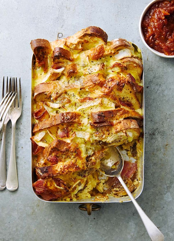 Three-cheese, caramelised onion and bacon bread pudding