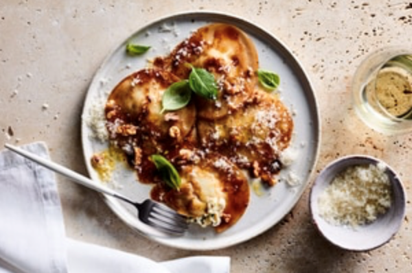 Three-cheese cheat's ravioli with butter and walnut sauce
