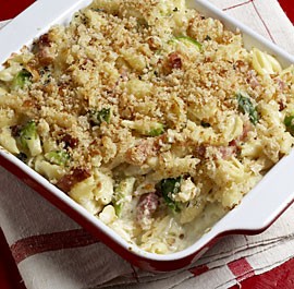 Three-cheese macaroni with Brussels sprouts and pancetta