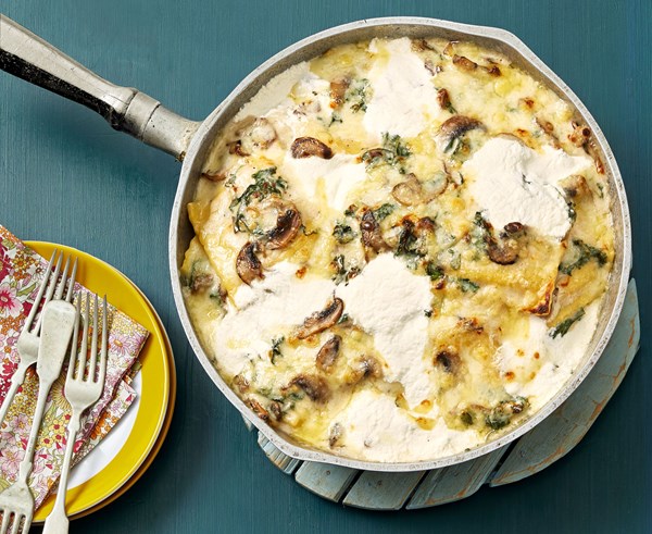 Three-cheese mushroom and kale skillet lasagna
