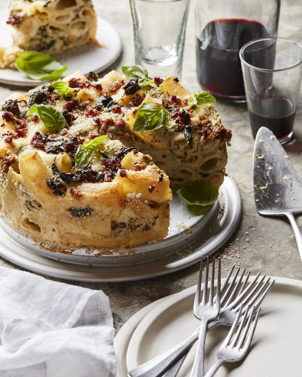 Three cheese pesto pasta bake with sausage