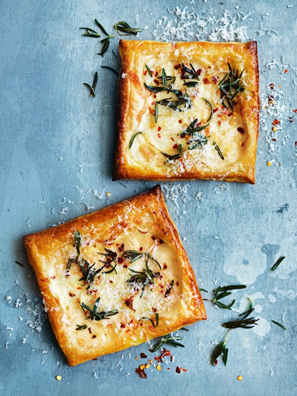 Three-cheese, potato and rosemary tarts