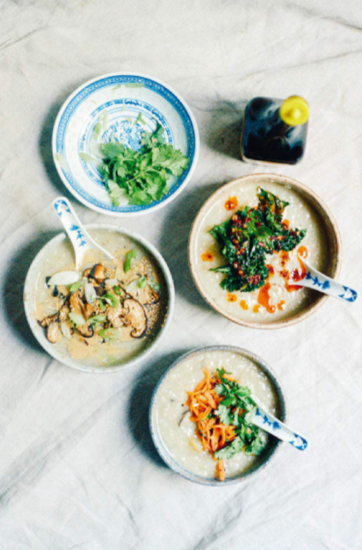 Three congee toppings: kale chips and everything oil