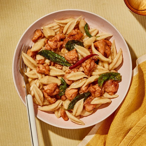 Three-cup chicken with scissor-cut noodles 