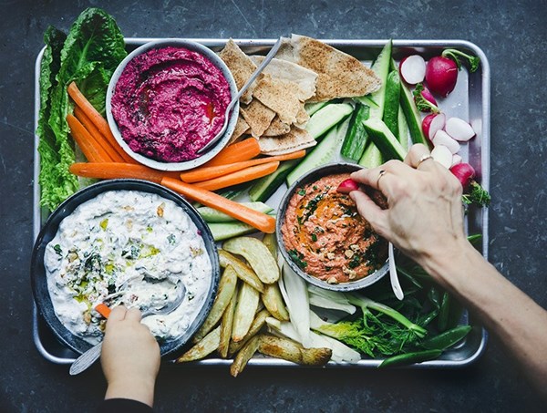 Three good spreads [beet, bean & sumac spread; muhammara; spinach, feta & mint yogurt]